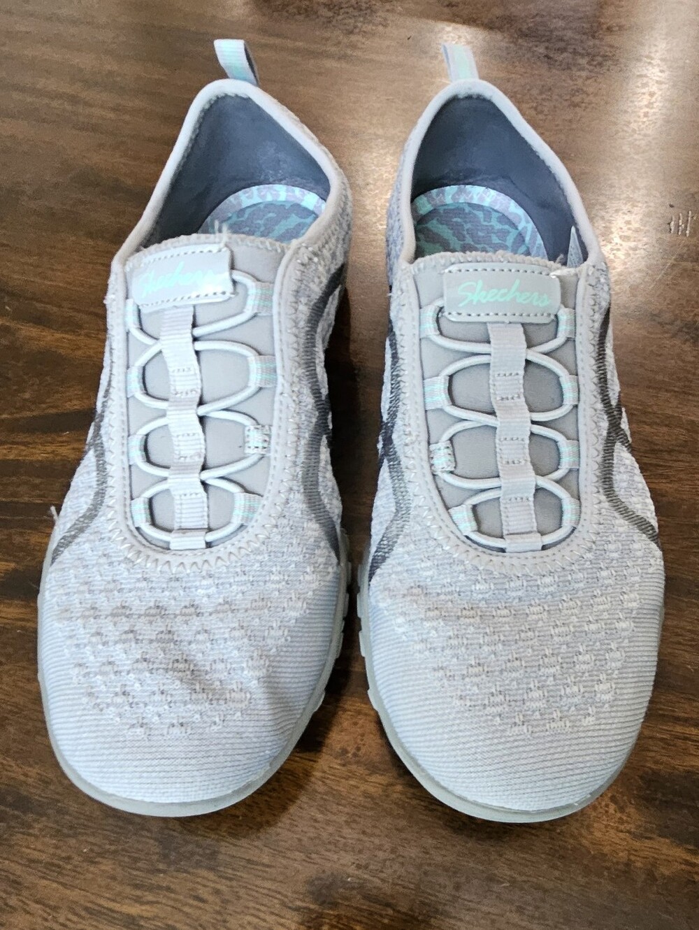 Skechers Women's Light Gray Slip-On Knit Sneakers with Mint Accents